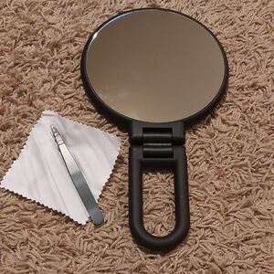 Black Folding Handheld Mirror with Tweezers